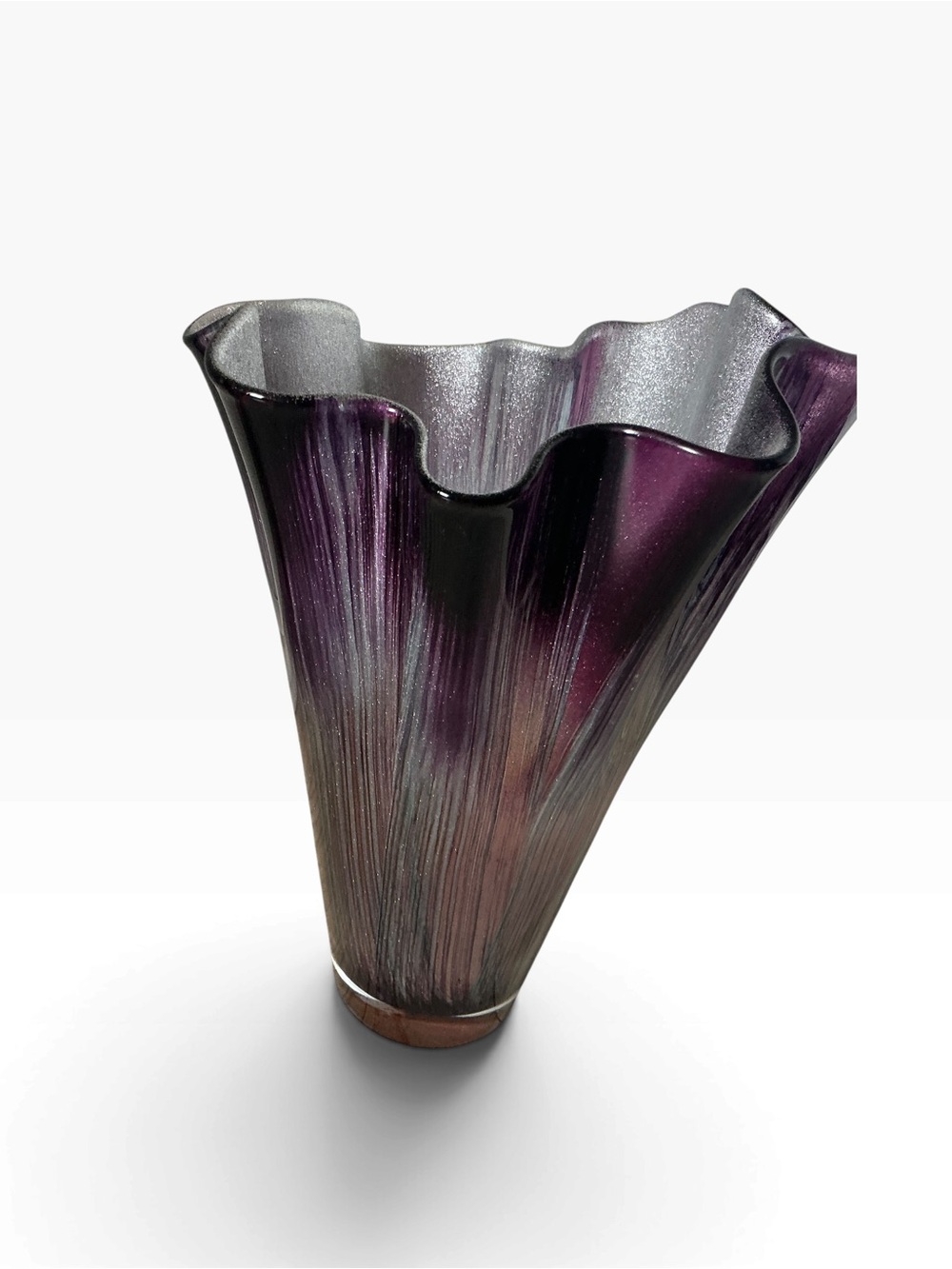 Vtg Murano handkerchief art glass vase purple with green metallic 14.5”